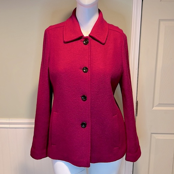 Land’s End Single-Breasted Wool Magenta bouclé Pea-Coat 4 Buttons & Collar - Picture 3 of 15
